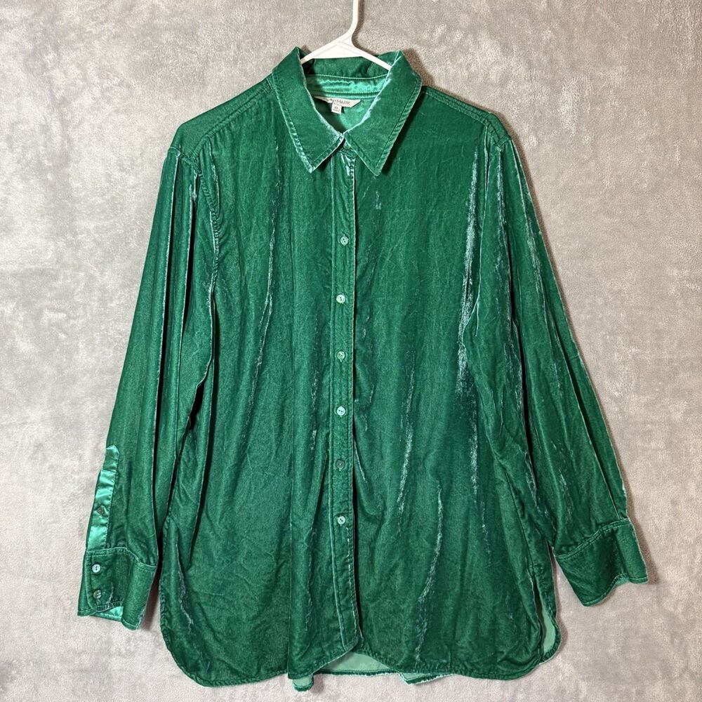John Mark Shirt Women XL Green Velvet Long Sleeve Button Front Tunic Jewel Tone